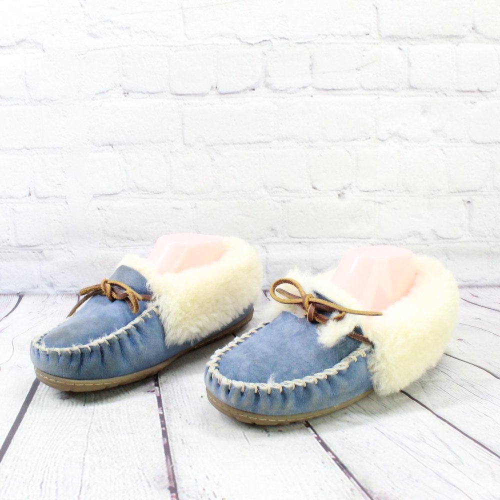 LL BEAN Women's Blue Shearling Lined Wicked Good Moccasin Slippers Size 7 M - Picture 2 of 10